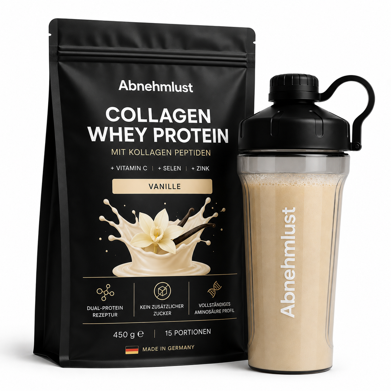 Abnehmlust Collagen Whey Protein Vanille – cremiger Protein Shake mit Kollagen, 12 g Protein und nur 109 kcal pro Portion